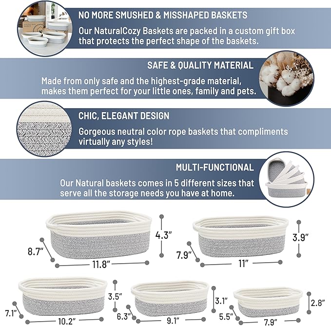 NaturalCozy 5-Piece Rectangle Storage Basket Set- Natural Cotton Rope Woven - Image 2