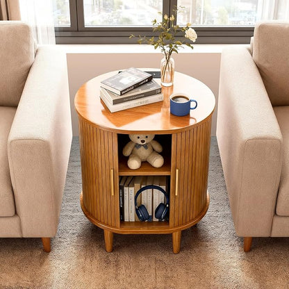 Nightstand with Charging Station, Fluted Accent Side Table with Sliding Door & - Image 6