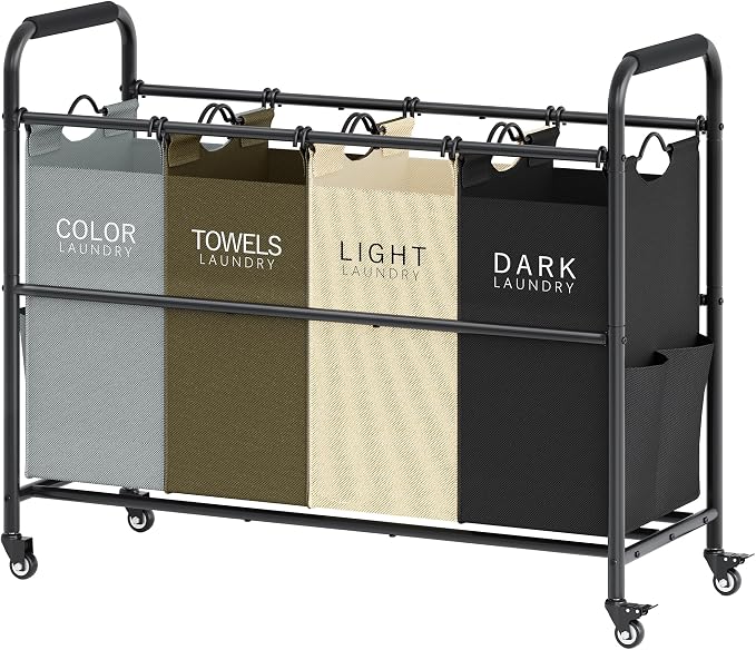 Tajsoon 4 Bag Laundry Sorter Cart, 4 Section Laundry Hamper Sorter by Tajsoon
