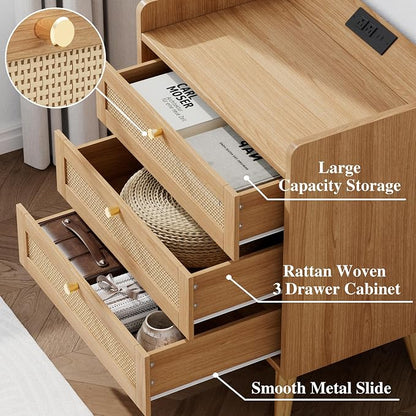 Rattan Night Stand with Charging Station, End Tables with 3 Drawer Dresser - Image 9