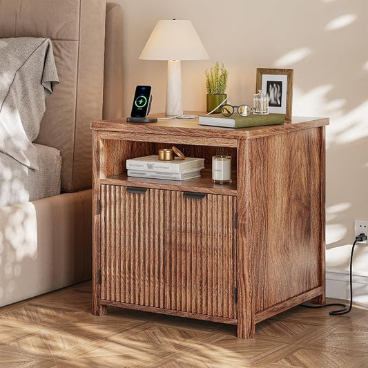 Fluted Nightstand with Charging Stations, 23.6" Wide Walnut Nightstand with by ElevateYourHome%EF%BC%8CEnhanceEver
