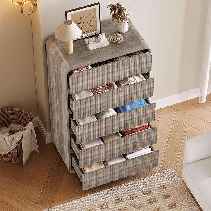 Tall Dresser for Bedroom with 5 Drawers, Fluted Chest of Drawers with Round - Image 3