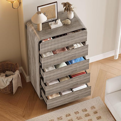 Tall Dresser for Bedroom with 5 Drawers, Fluted Chest of Drawers with Round - Image 3