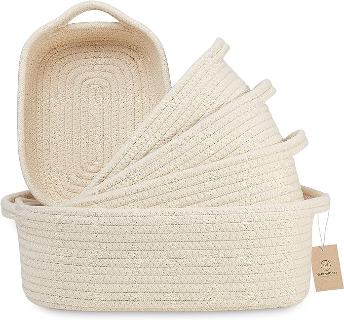 NaturalCozy 5-Piece Rectangle Storage Basket Set- Natural Cotton Rope Woven by NaturalCozy