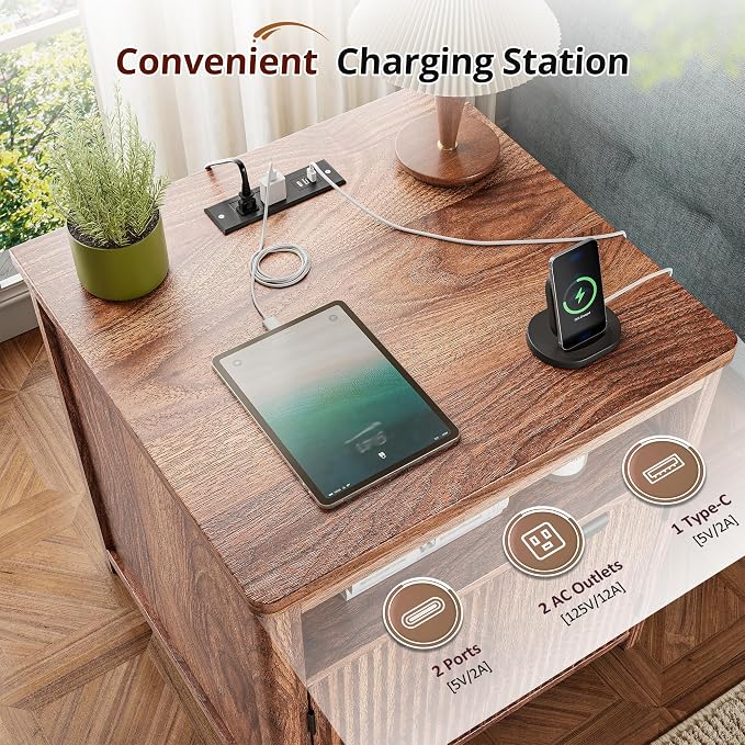 Fluted Nightstand with Charging Stations, 23.6" Wide Walnut Nightstand with - Image 4