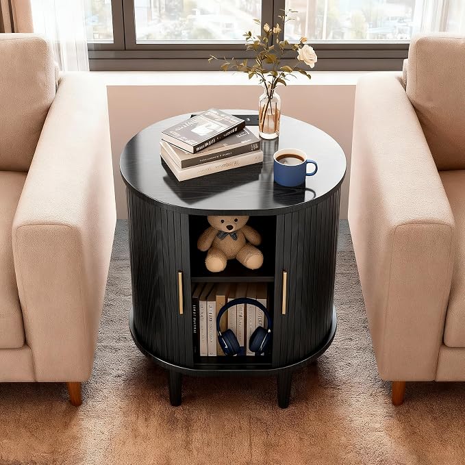 Nightstand with Charging Station, Fluted Accent Side Table with Sliding Door & - Image 7