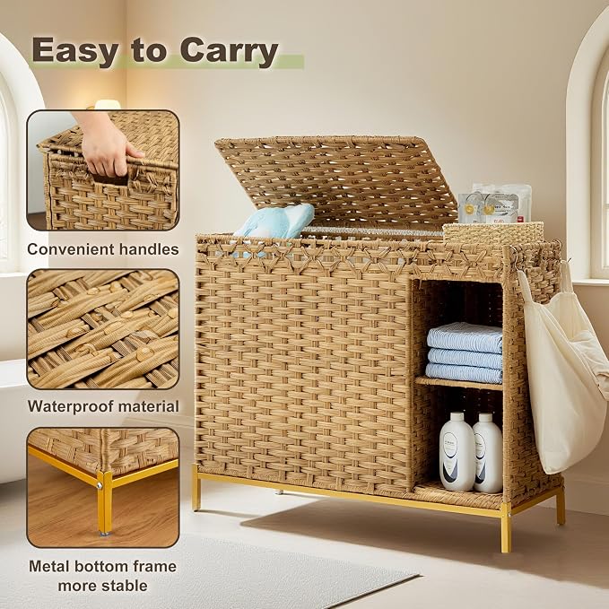 Laundry Hamper with Lid, 130L Rattan Laundry Hamper 3 Section with 50L Storage - Image 6