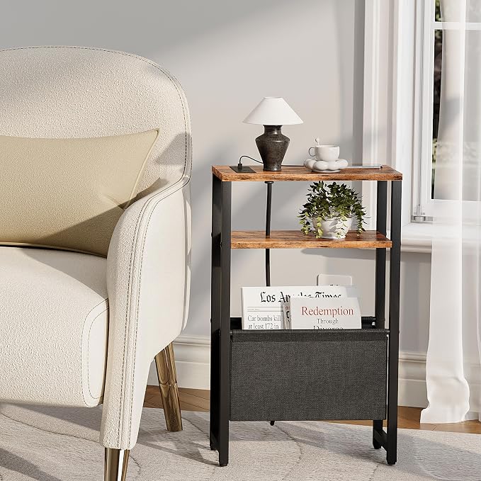 Narrow Side Table with Charging Station Slim End Table Sofa with Magazine Rack - Image 7