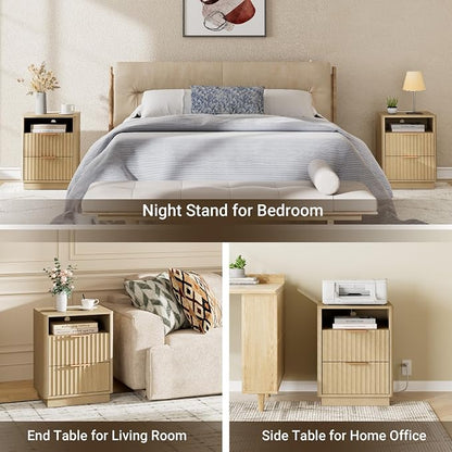 Fluted Nightstand with Charging Station, 2 Drawers End Table with Storage - Image 7