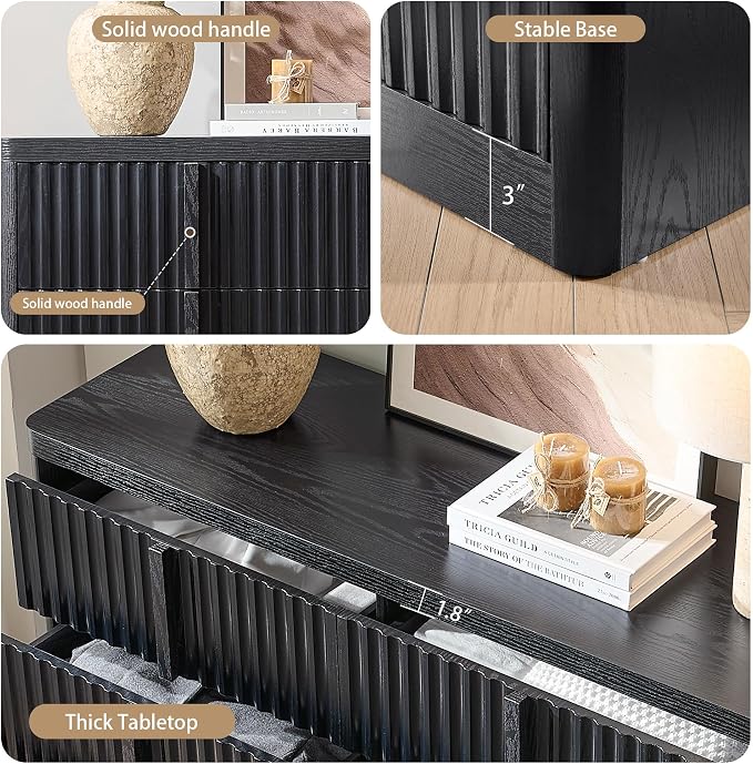 Black Fluted Dresser for Bedroom, Modern TV Stand Set, Curved Profile Design - Image 4