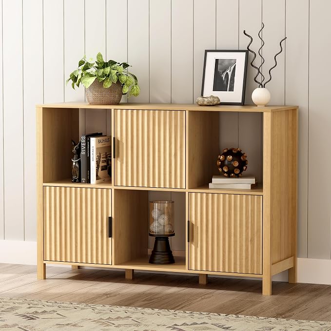 Fluted Storage Bookshelf, Modern Wooden 6 Cube Bookcase - Image 8