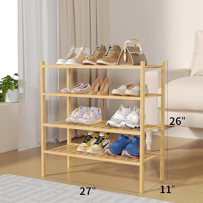 4 Tier Bamboo Shoe Rack for Closet Free Standing Wood Shoe Shelf for Entryway - Image 3