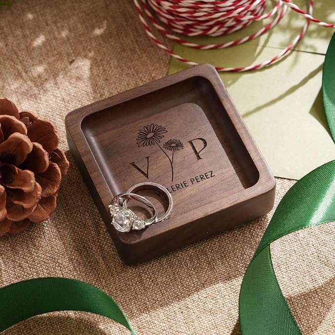Walnut Wood Ring Holder, Engraved Jewelry Dish and Storage Tray, Personalized - Image 9