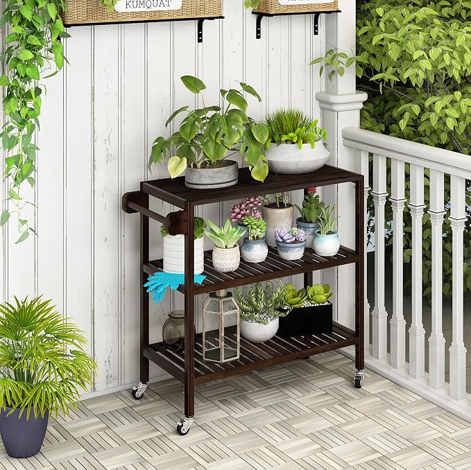 Interbuild 3 Tier Acacia Hardwood Kitchen Cart, Portable Rolling Trolley Cart - Image 7