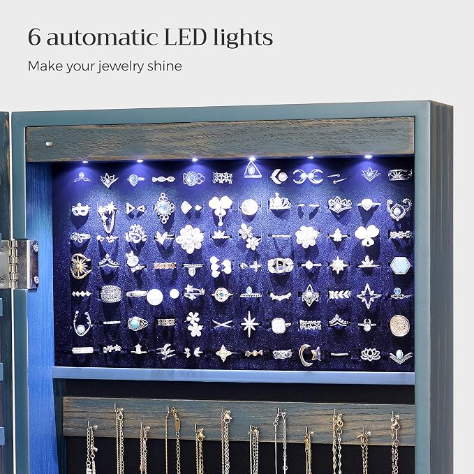 SONGMICS 6 LEDs Mirror Jewelry Cabinet, 47.2-Inch Tall Lockable Wall or Door - Image 4