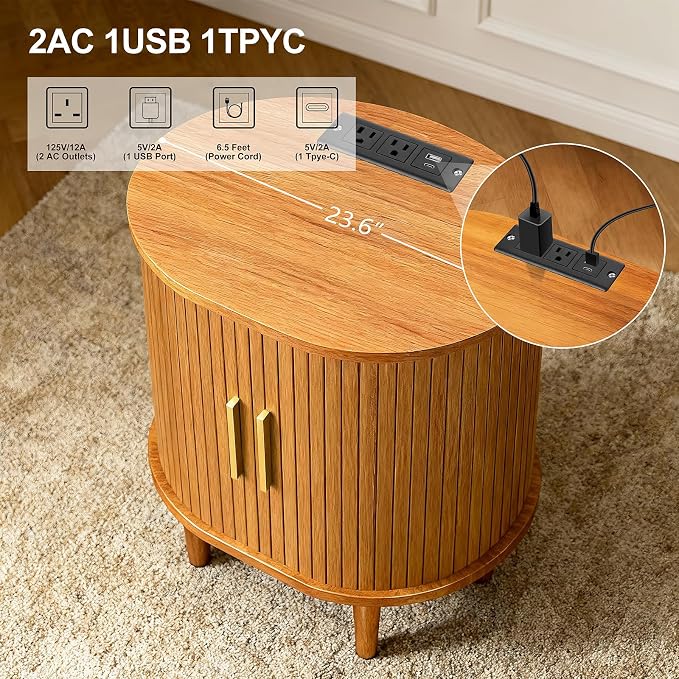 Nightstand with Charging Station, Fluted Accent Side Table with Sliding Door & - Image 7
