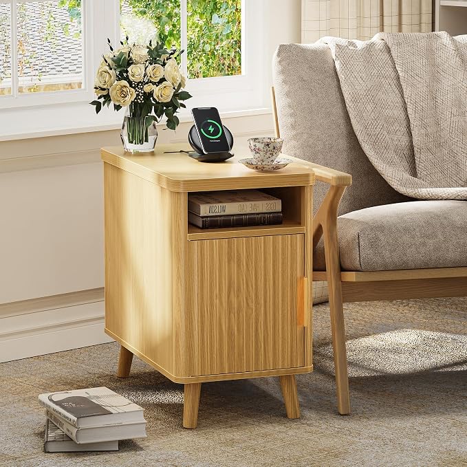 Huuger Narrow End Table with Charging Station, USB-C Port, Fluted Nightstand - Image 2