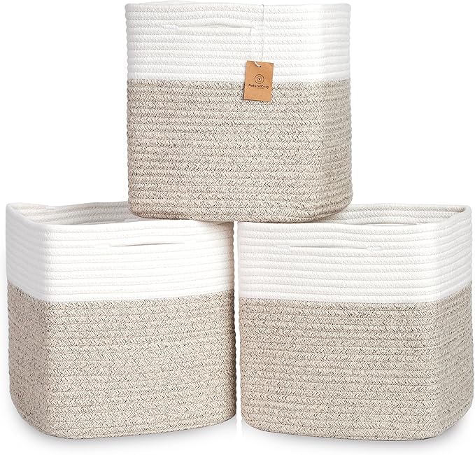 NaturalCozy 13 Inch Cube Storage Bins Cotton Rope Woven Baskets by NaturalCozy