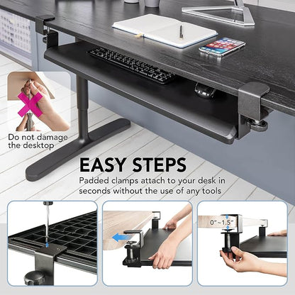 EHO Under Desk Keyboard Tray, Large 27.5" x 12.2" Slide-Out Clamp-On Drawer - Image 5