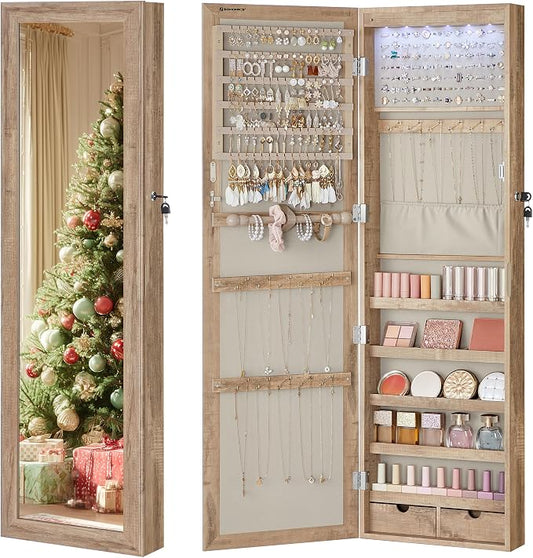 SONGMICS 6 LEDs Mirror Jewelry Cabinet, 47.2-Inch Tall Lockable Wall or Door by SONGMICSbySONGMICSHOME