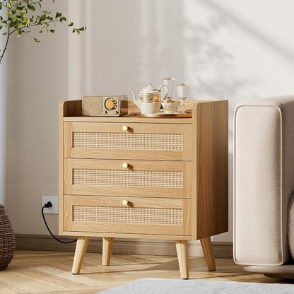 Rattan Night Stand with Charging Station, End Tables with 3 Drawer Dresser - Image 6