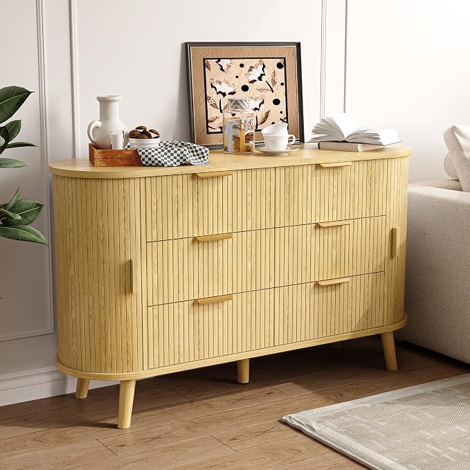 Fluted 6 Drawers Dresser, Curved Profile & Sturdy Legs, Wood TV Stand - Image 7