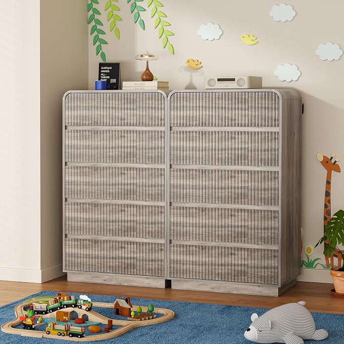 Tall Dresser for Bedroom with 5 Drawers, Fluted Chest of Drawers with Round - Image 6