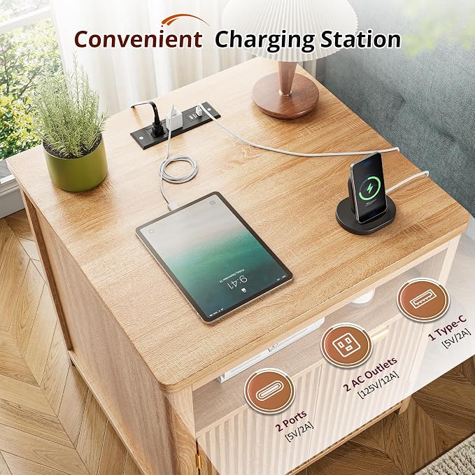 Fluted Nightstand with Charging Stations, 23.6" Wide Natural Oak Nightstand - Image 4