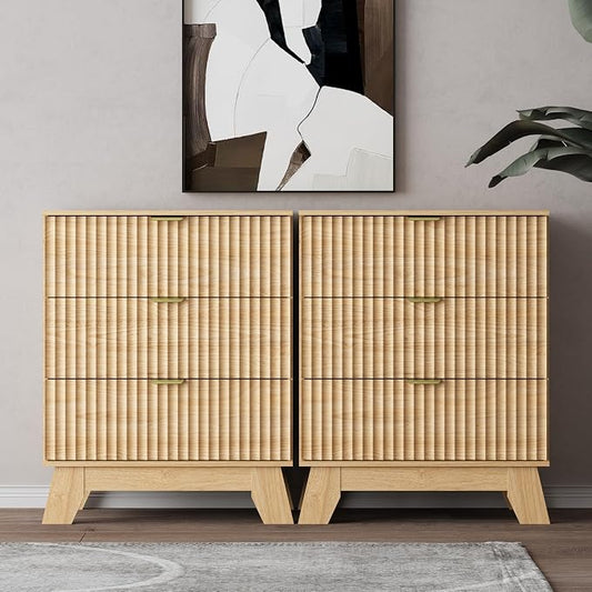 Night Stand Set 2, Bedside Table & End Table, Mid Century Modern Fluted Wood by WODEER