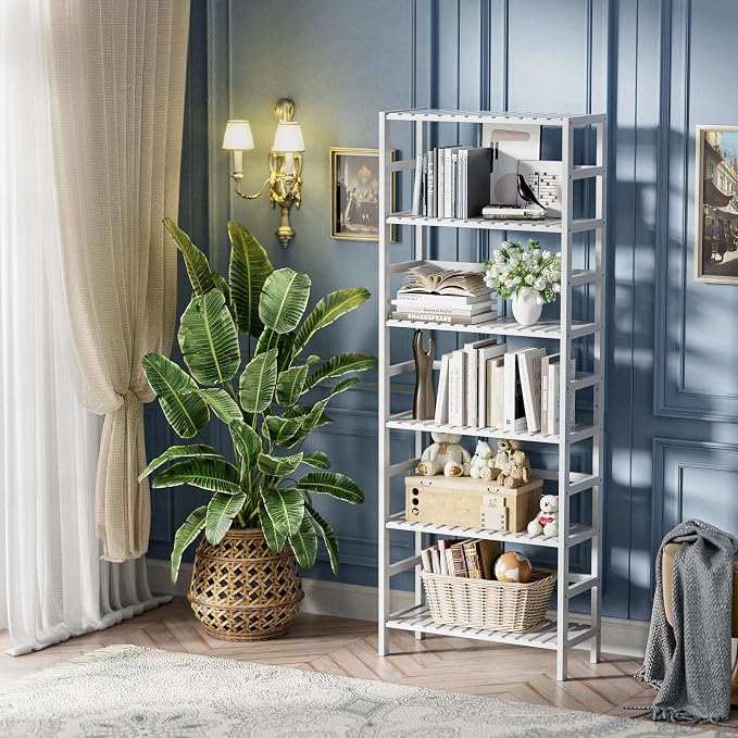 HITNET Bookshelf, 6-Tier Tall Bookcase Freestanding Bamboo Book Shelf Bathroom - Image 2