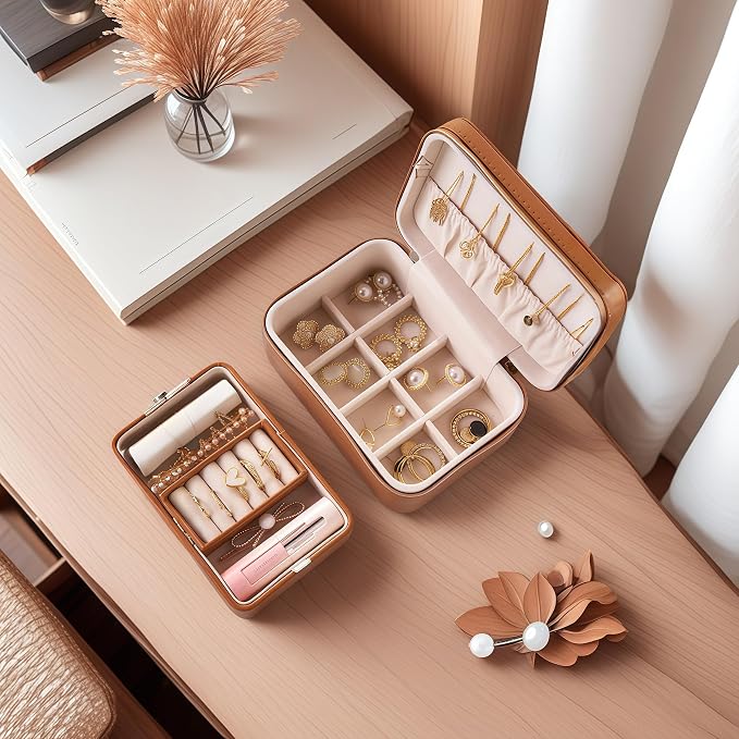 small travel jewelry case, Double Layer Travel Jewelry Box Organizer, Leather - Image 3