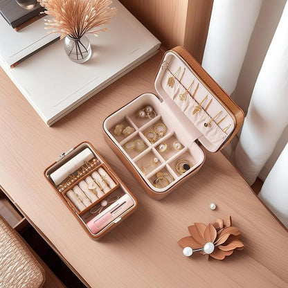 small travel jewelry case, Double Layer Travel Jewelry Box Organizer, Leather - Image 3