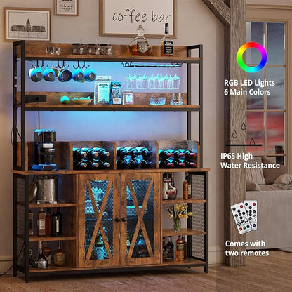 IRONCK Coffee Bar Cabinet with Power Outlet, Industrial Buffet Cabinet with LED - Image 4