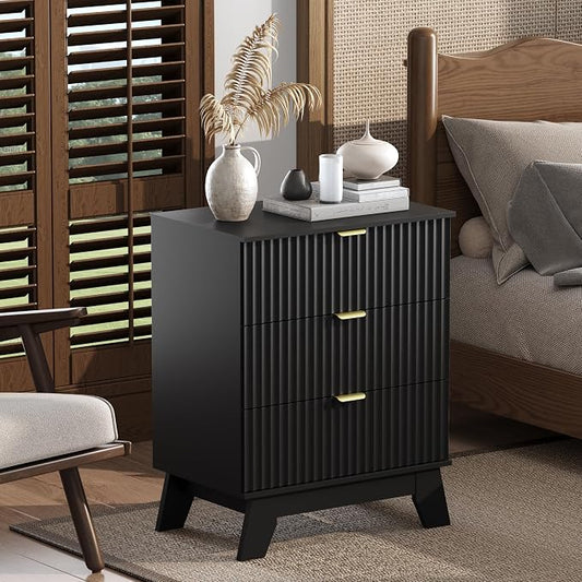 Black Night Stand with 3 Drawers, Bedside Table & End Table, Farmhouse Night by WODEER
