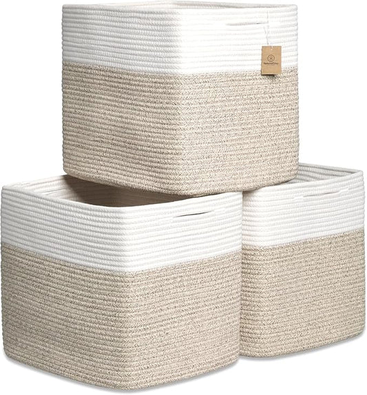 NaturalCozy 13x15x13 Kallax Storage Cubes Bins, 3 Pack | Cotton Rope Cube by NaturalCozy