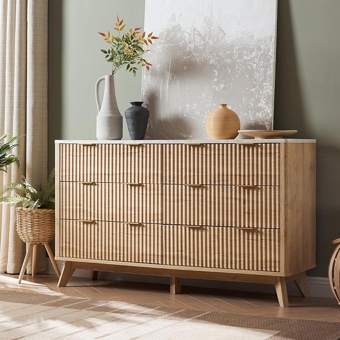 T4TREAM Fluted 6 Drawers Dresser, Curved Profile Design, Dresser TV Stand by T4TREAMFurniture