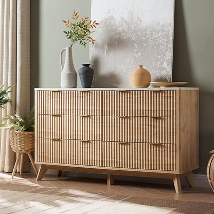 T4TREAM Fluted 6 Drawers Dresser, Curved Profile Design, Dresser TV Stand by T4TREAMFurniture