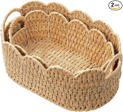 Paper Rope Scalloped Basket Set of 2, Woven Storage Baskets by WEAVECOMFORTINTOEVERYCORNER