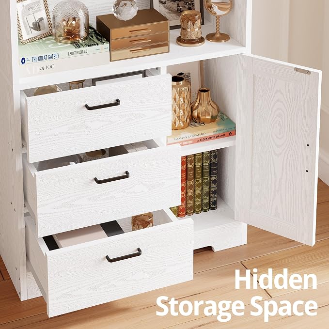 IRONCK Bookshelf with Door and 3 Drawers, 71in Tall Bookcase Shelf with 3-Tier - Image 6