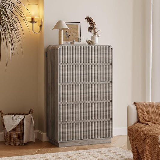 Tall Dresser for Bedroom with 5 Drawers, Fluted Chest of Drawers with Round by BORNOON