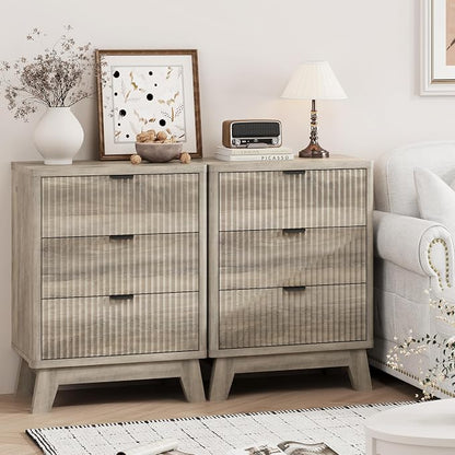 Fluted Nightstand with 3 Storage Drawers, Mid Century Modern Wooden Side Table - Image 7