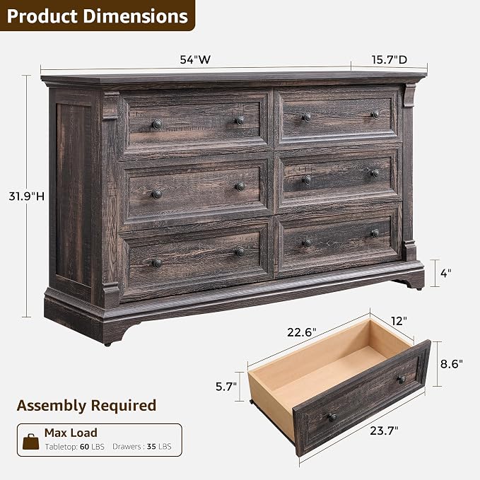 Farmhouse 6 Drawers Dresser for Bedroom, Wooden Dresser TV Stand - Image 2
