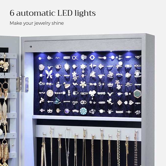 SONGMICS 6 LEDs Mirror Jewelry Cabinet, 47.2-Inch Tall Lockable Wall or Door - Image 4
