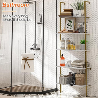5 Tiers Ladder 2-Piece Shelf White Marble Modern Bookshelf Open Tall Wall Mount - Image 5