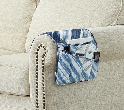 Brilliant Sunshine Blue Grey Stripes Patchwork Couch Armrest 5 Pockets Organizer - Image 2