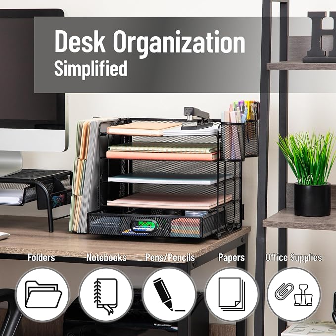 Mind Reader Mesh Desk Organizer, 4 Trays, 1 Drawer, File Holder, 2 Pen Cups - Image 2