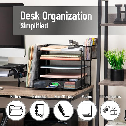Mind Reader Mesh Desk Organizer, 4 Trays, 1 Drawer, File Holder, 2 Pen Cups - Image 2