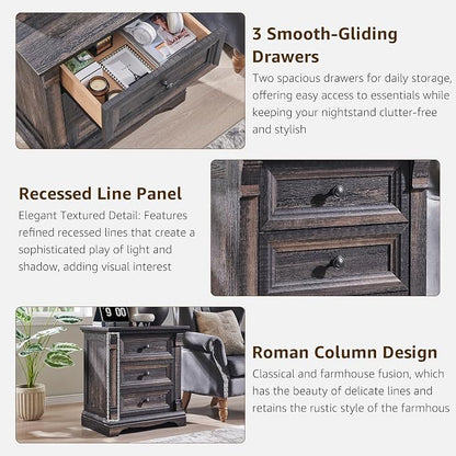 T4TREAM 24" Wide 3 Drawer Dressers, Farmhouse 26" Tall Bedside Side Table - Image 5