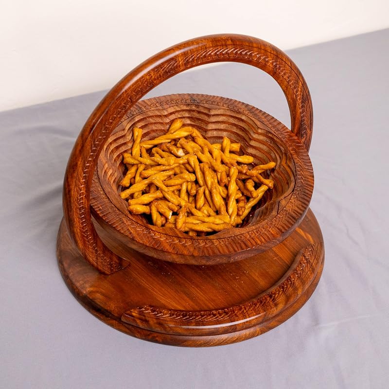Handmade 12″ Collapsible Wooden Basket, Single Bowl Flower Design in Himalayan - Image 6