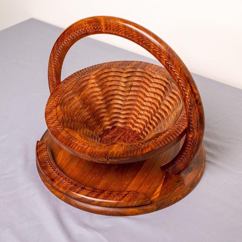 Handmade 12″ Collapsible Wooden Basket, Single Bowl Flower Design in Himalayan by Unknown